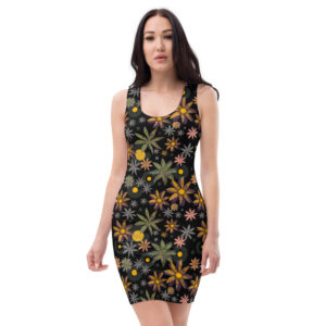 Floral Cosmos (Black) Fitted Dress