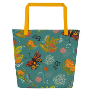 Monarch Life Cycle (Teal Background) - Large Tote Bag With Inside Pocket (Yellow/Black Handles)