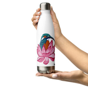 Bird on Lotus Flower – Leak-Proof Insulated Stainless Steel Water Bottle (White & Black)
