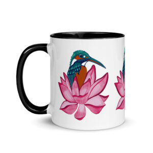 Bird on Lotus Flower Ceramic Mug (2 Color Interior, Handle & Rim)