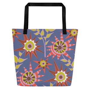 Flower Circus (Periwinkle) – Large Tote Bag With Inside Pocket (Black Handles)