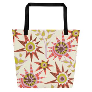 Flower Circus (Cream) – Large Tote Bag With Inside Pocket (Black Handles)