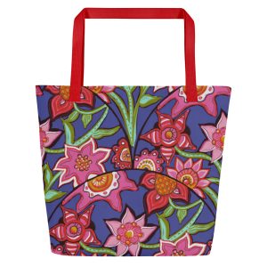 Marvelous Mayflowers (Periwinkle) – Large Tote Bag With Inside Pocket (Yellow/Black/Red Handles)