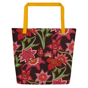 Marvelous Mayflowers (Red) – Large Tote Bag With Inside Pocket (Yellow/Black/Red Handles)