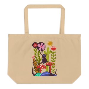 Animal Series: Black Bird on a Hike Large Organic Cotton Tote Bag (Oyster)