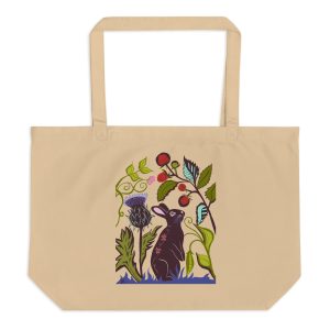 Animal Series: Rabbit's Raspberry Rendezvous Large Organic Cotton Tote Bag (Oyster)