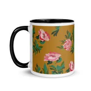 Peony Power (Mustard) Ceramic Mug (3 Color Interior, Handle & Rim)