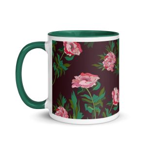 Peony Power (Red Wine) Ceramic Mug (3 Color Interior, Handle & Rim)