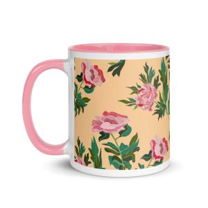 Peony Power (Peach) Ceramic Mug (3 Color Interior, Handle & Rim)