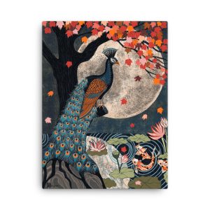Peacock and Moonlit Pond - Archival Canvas Print