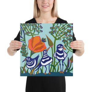 Three Striped Birds & Poppy (Blue Series)– Archival Canvas Print