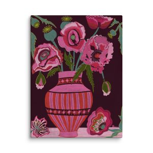 Poppies in Red and Pink Striped Vase (Deep Wine Background) – Archival Canvas Print